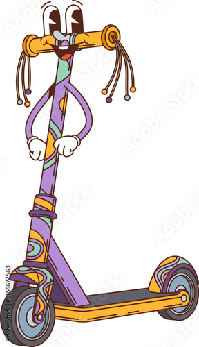 Retro cartoon groovy scooter kids toy character with happy face and streamers on handlebars. Isolated vector fun personage exudes vintage y2k vibe, ready for children games and outdoor activities