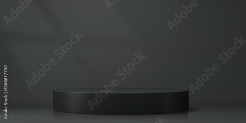 Round black podium stage with pedestal platform for product display showcase, vector background. Premium luxury black podium stage of round platform with window shadows on wall for showroom mockup