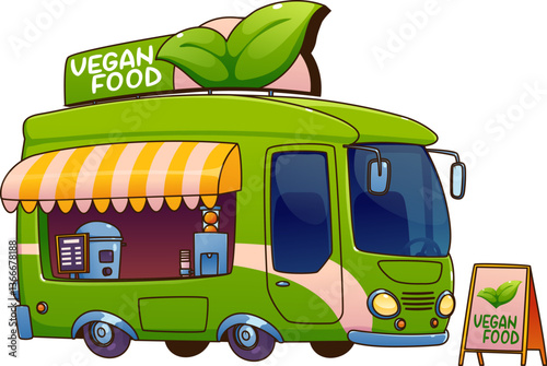 Cartoon vegan food truck car, festival street foodtruck van with large green leaf sign on top. Isolated vector wheeled mobile cafe has an open service window, promoting eco friendly vegan street food
