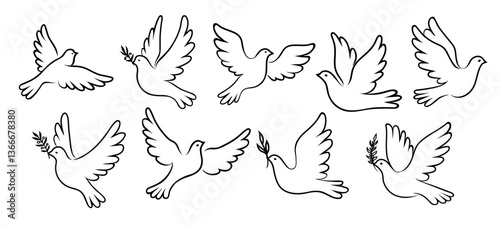 Christmas dove bird silhouettes, white pigeons with peace branch. Vector set of black and white linear doves, some carrying olive twigs, represent peace, freedom, love and spirituality in religion
