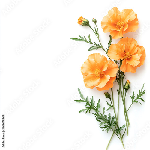 Golden Blossoms: Delicate orange flowers, their petals unfurling to reveal vibrant hues, adorn a crisp, clean canvas of space, evoking feelings of warmth and natural beauty.