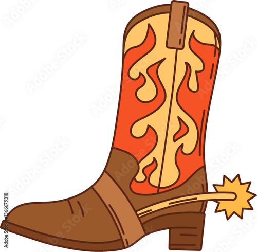 Cartoon groovy cowboy or cowgirl Wild west western boot. Isolated vector old fashioned footwear with high heel, pointed toe, spur and ornate designs, embodying rugged American ranch frontier spirit