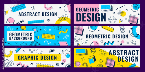 Abstract geometric Memphis shapes banners with modern pattern elements, vector backgrounds. Memphis banners with retro simple isometric figures and Y2K geometric shapes with minimal colorful design