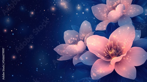 Night blooming flowers, glowing petals, starry background, digital art, stock photo