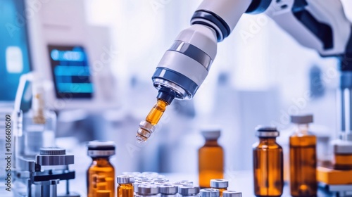 A robotic arm in a high tech pharmaceutical lab, filling vials with highly precise dosage of cancer treatment drugs, Pharma-tech style