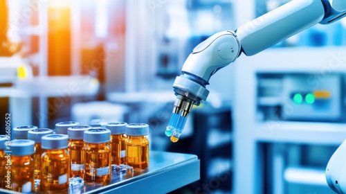 A robotic arm in a high tech pharmaceutical lab, filling vials with highly precise dosage of cancer treatment drugs, Pharma-tech style