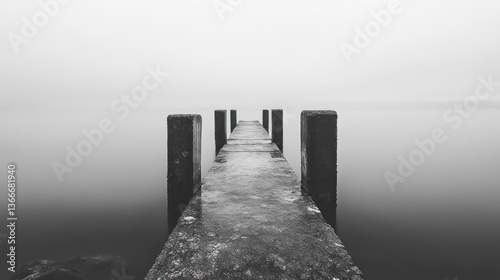 Foggy lake pier, tranquil scene, misty background, peaceful mood, nature photography