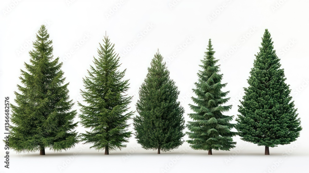 Five different realistic green trees lined up against a white backdrop Five different realistic green trees lined up against a white backdrop