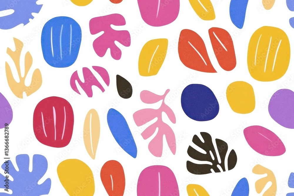Bright abstract pattern featuring colorful leaves and shapes, perfect for modern design projects, illustrating trends in seasonal decor and artistic expression Bright abstract pattern featuring colorful leaves and shapes, perfect for modern design projects, illustrating trends in seasonal decor and artistic expression