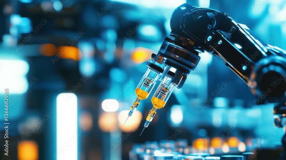 A robotic arm in a highly automated pharmaceutical facility, filling sterile syringes with vaccine doses for global distribution, Pharma-tech style A robotic arm in a highly automated pharmaceutical facility, filling sterile syringes with vaccine doses for global distribution, Pharma-tech style