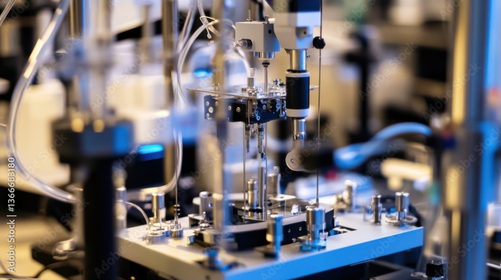 A robotic arm in a laboratory for biomedical research, assembling medical diagnostic robots with AI-driven sensors for rapid testing, Bio-tech style A robotic arm in a laboratory for biomedical research, assembling medical diagnostic robots with AI-driven sensors for rapid testing, Bio-tech style