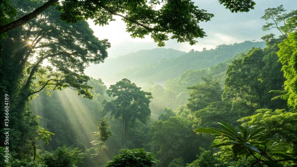 Obraz premium A lush jungle scene with dense foliage and mist, showcasing a tropical rainforest. 