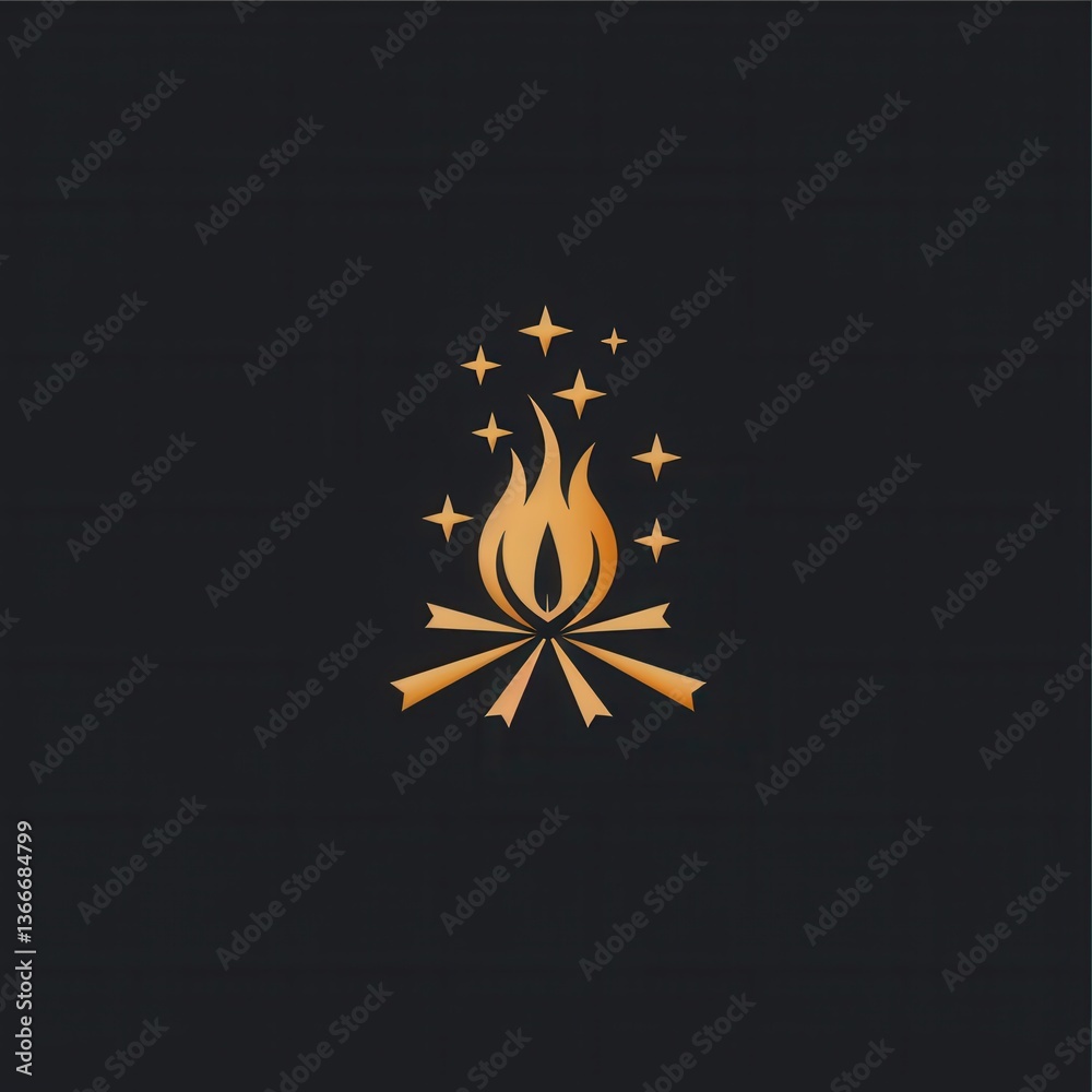 Fototapeta premium Minimal campfire vector logo with stars, an outdoor adventure symbol with clean, geometric shapes in modern design with slight noise.