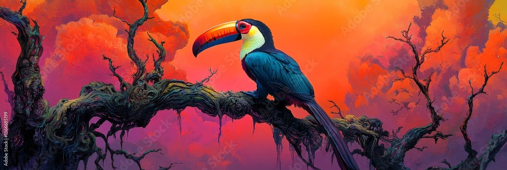 Fototapeta premium Vibrant toucan perched on branch against fiery sky.
