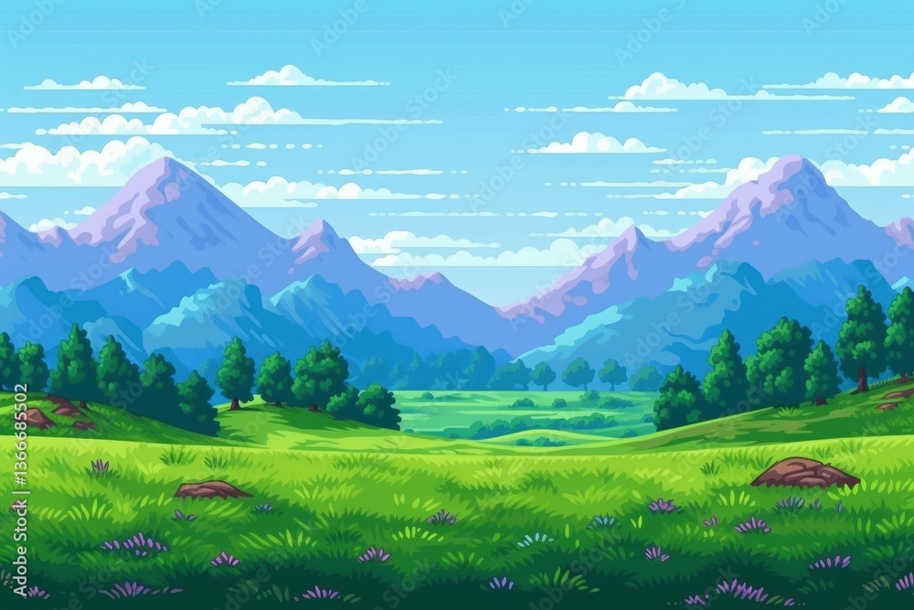 Fototapeta premium Scenic Landscape, hills, green fields and trees under cloudy sky, natural background for digital use