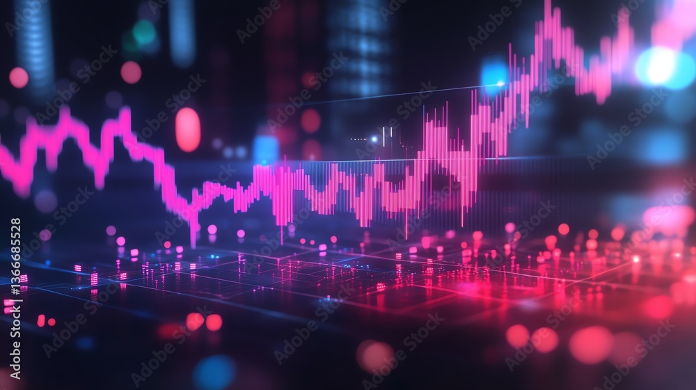 Forex trading graph with neon candlestick chart on dark bokeh background 3D Rendering Forex trading graph with neon candlestick chart on dark bokeh background 3D Rendering