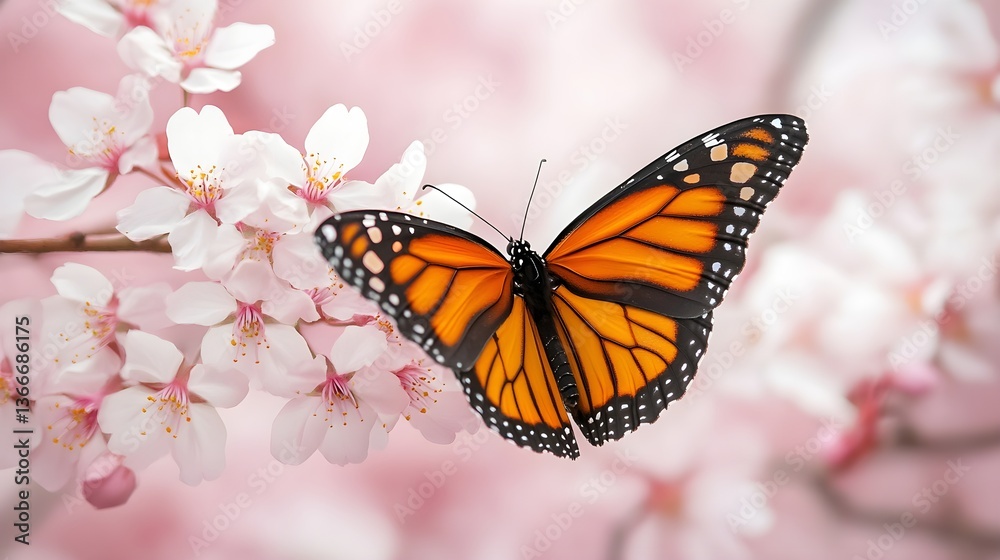 A vibrant monarch butterfly resting on the delicate petals of white cherry blossoms, symbolizing spring's gentle arrival in nature.