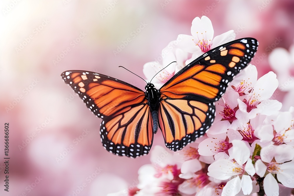 Naklejka premium A vibrant monarch butterfly resting on the delicate petals of white cherry blossoms, symbolizing spring's gentle arrival in nature.
