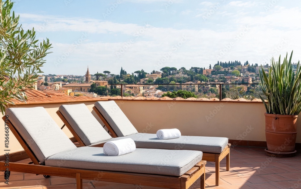 Fototapeta premium A serene rooftop scene featuring wooden lounge chairs with rolled towels, overlooking a picturesque landscape of greenery and distant buildings under a bright sky.