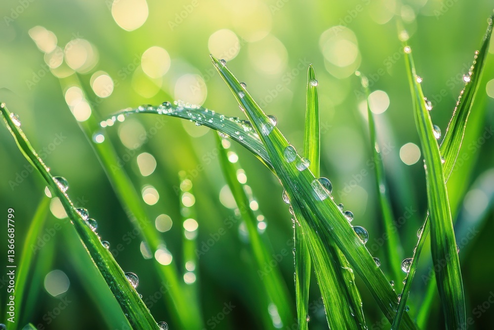 Fototapeta premium A green grass blades covered in water droplets sparkling in the morning light dew on grass
