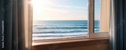 A serene view of the ocean from a window, with gentle waves and soft sunlight illuminating the scene, creating a peaceful atmosphere.