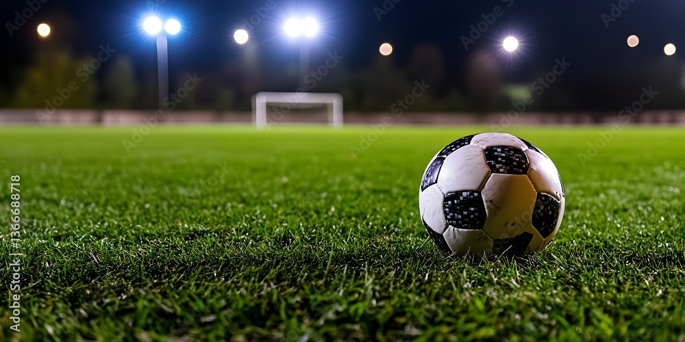 Fototapeta premium A soccer ball rests on the green grass of an empty stadium at night