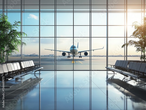 Modern interior of the airport terminal with large glass windows and a passenger plane behind it 3D rendering