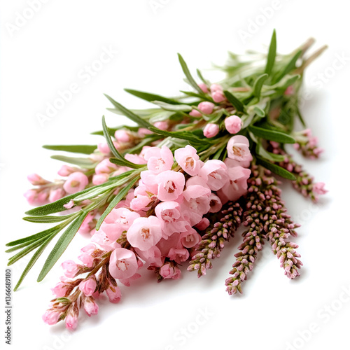 Delicate Pink Blossom: A charming close-up shot of a bouquet of delicate pink blossoms, with vivid green leaves, displaying a fresh and beautiful composition. 