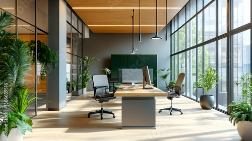Bright Modern Office Interior with Wood Floor and Green Plants Featuring Sleek Desks and Chairs with Natural Light from Large Windows Creating a Comfortable and Productive Atmosphere