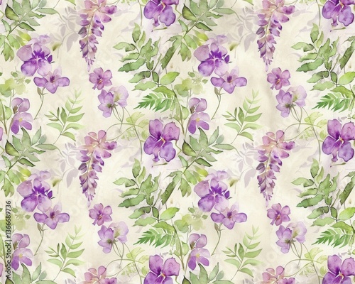 Seamless pattern of wisteria, violet, and leaves. Wallpaper use