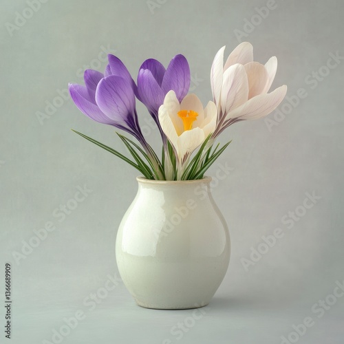 Spring equinox celebration crocus flowers in a white vase indoor minimalist design