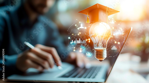 Digital Learning & Academic Wisdom: person, immersed in online learning through laptop, visualizes academic wisdom with glowing light bulb and mortarboard.