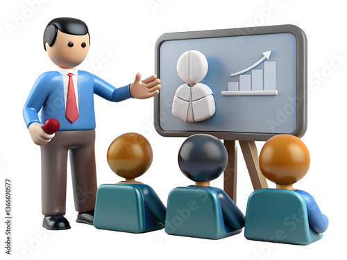 Cartoon instructor presenting growth chart to an audience in a seminar setting illustration style transparent background