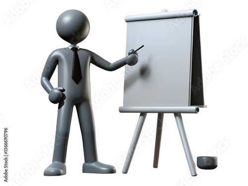 Figure presenting at easel with pen in hand ready to draw or write on the presentation board surface transparent background
