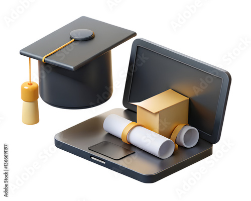 Graduation cap and diploma with laptop representing online education and academic achievement concept transparent background
