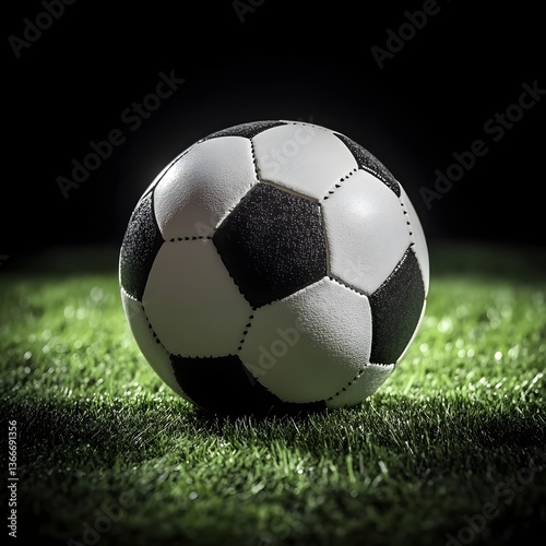 A soccer ball on the grass  top view  dark background  high resolution  professional photograph.