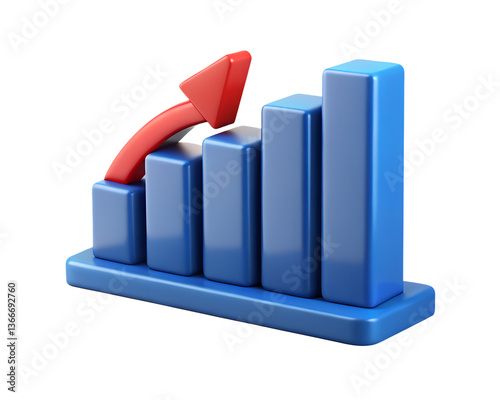 A graphic representation of a bar chart with a red arrow indicating upward growth and progress trend transparent background