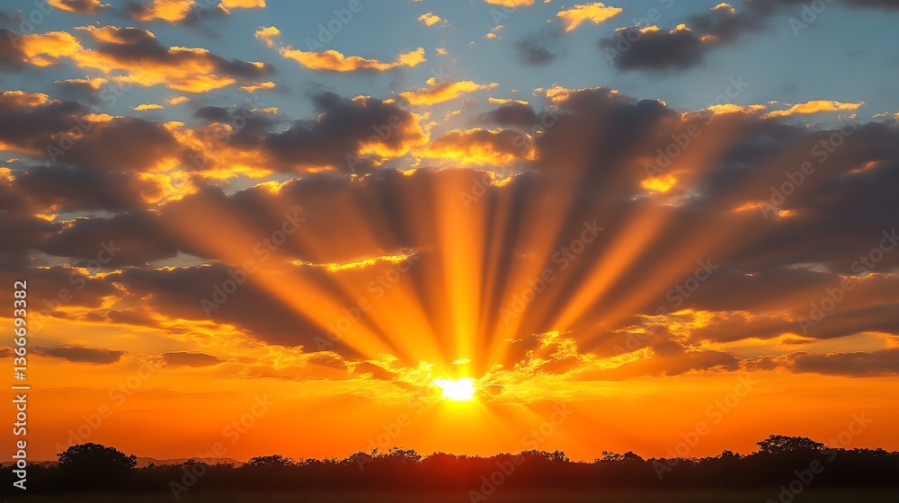 Fototapeta premium Vibrant orange sunset illuminating the cloudy sky with radiant sunlight