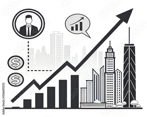 Illustration showing financial growth with an upward arrow and city skyline and business person icon, representing financial growth and investment, and economic success 