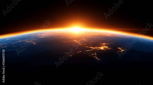 Earth from space shows a sunrise with city lights glowing
