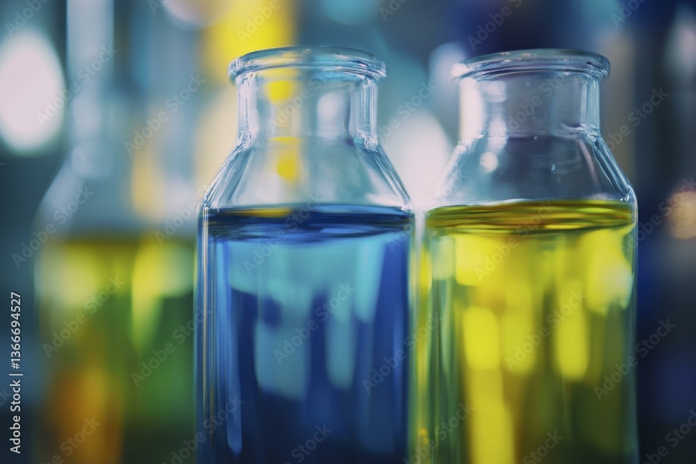 Lab Glassware with Blue and Yellow Liquids for Chemistry, Science, Research, Experiments, and Medical Analysis Lab Glassware with Blue and Yellow Liquids for Chemistry, Science, Research, Experiments, and Medical Analysis