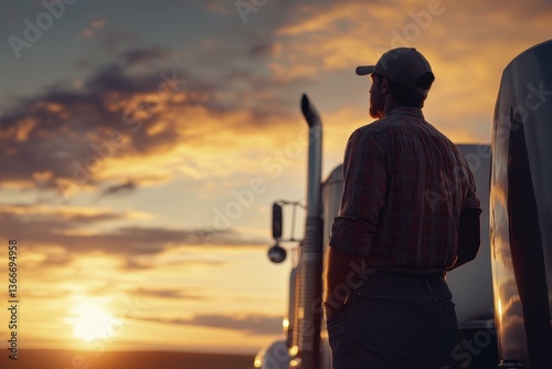 Trucker at Sunset Contemplates the Road Ahead, Man in Work Clothes Gazes into Dramatic Sky