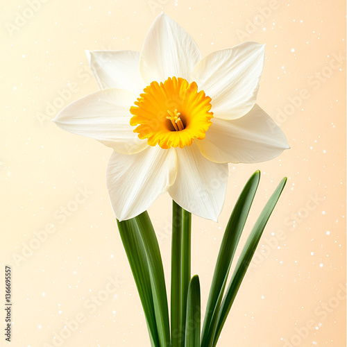 Daffodil's Beauty: The sunlit daffodil, with its pristine white petals and radiant yellow trumpet, presents a fresh, delicate display of nature's artistry.