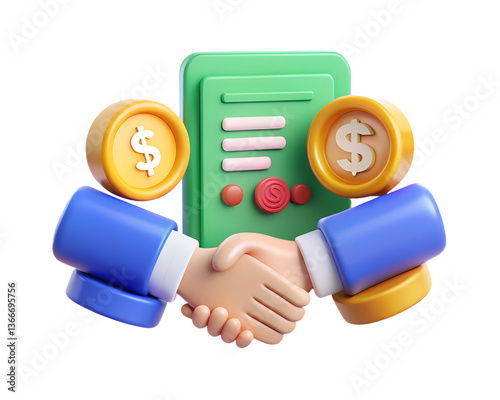 Illustration of handshake with agreement and coins representing a successful financial deal transparent background