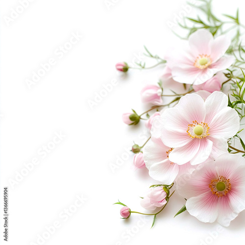 Gentle Blooms: Delicate pink flowers and buds are beautifully arranged, evoking a sense of serenity, grace, and springtime freshness. 