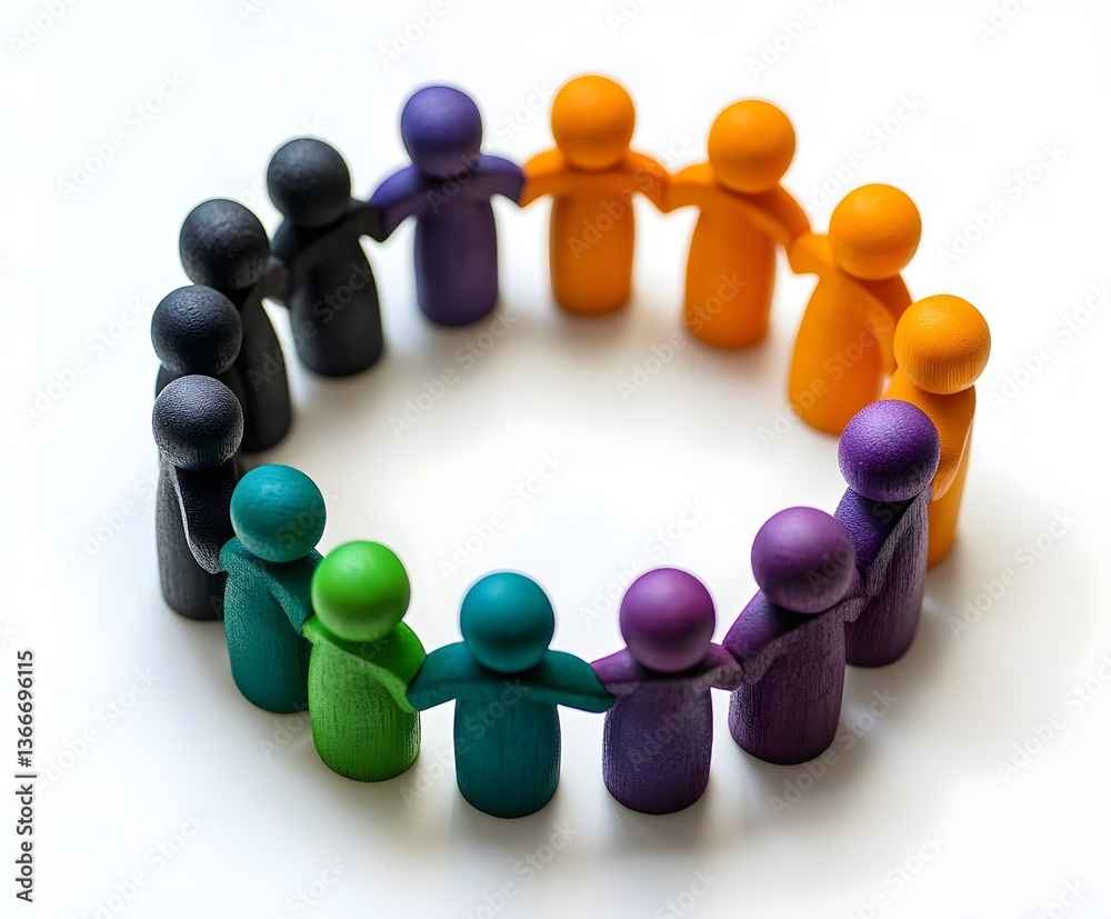 Obraz premium A circle of wooden toy people in different colors, standing together on a white background