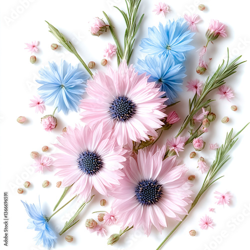 Floral Fantasy: A captivating display of delicate blue and pink flowers, arranged with elegant sprigs, scattered around tiny buds, creating a visual symphony of spring.
