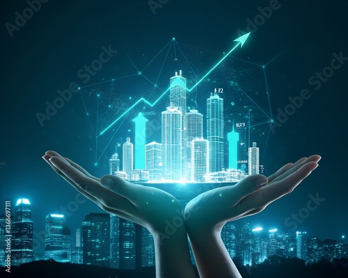 A glowing holographic city held in hands with an upward trending arrow and a city skyline background, representing financial growth and investment, and economic success transparent background