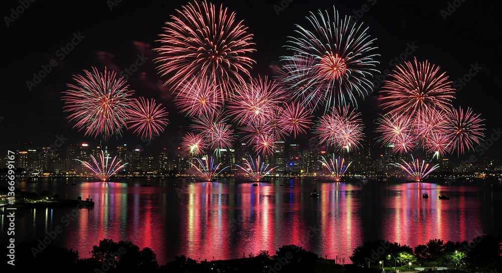 Obraz premium Vibrant Fireworks Display Over a City Skyline