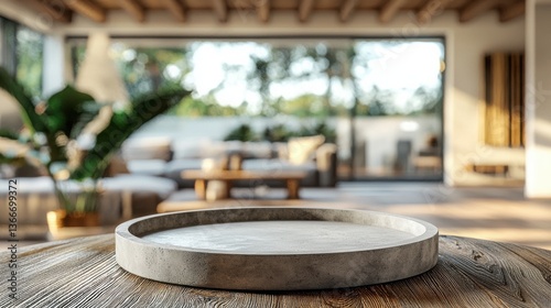Rustic Tray on a Wooden Table: A weathered wooden table in soft focus provides the foreground for a rustic, light-colored circular tray, with a blurred living room scene in the background.